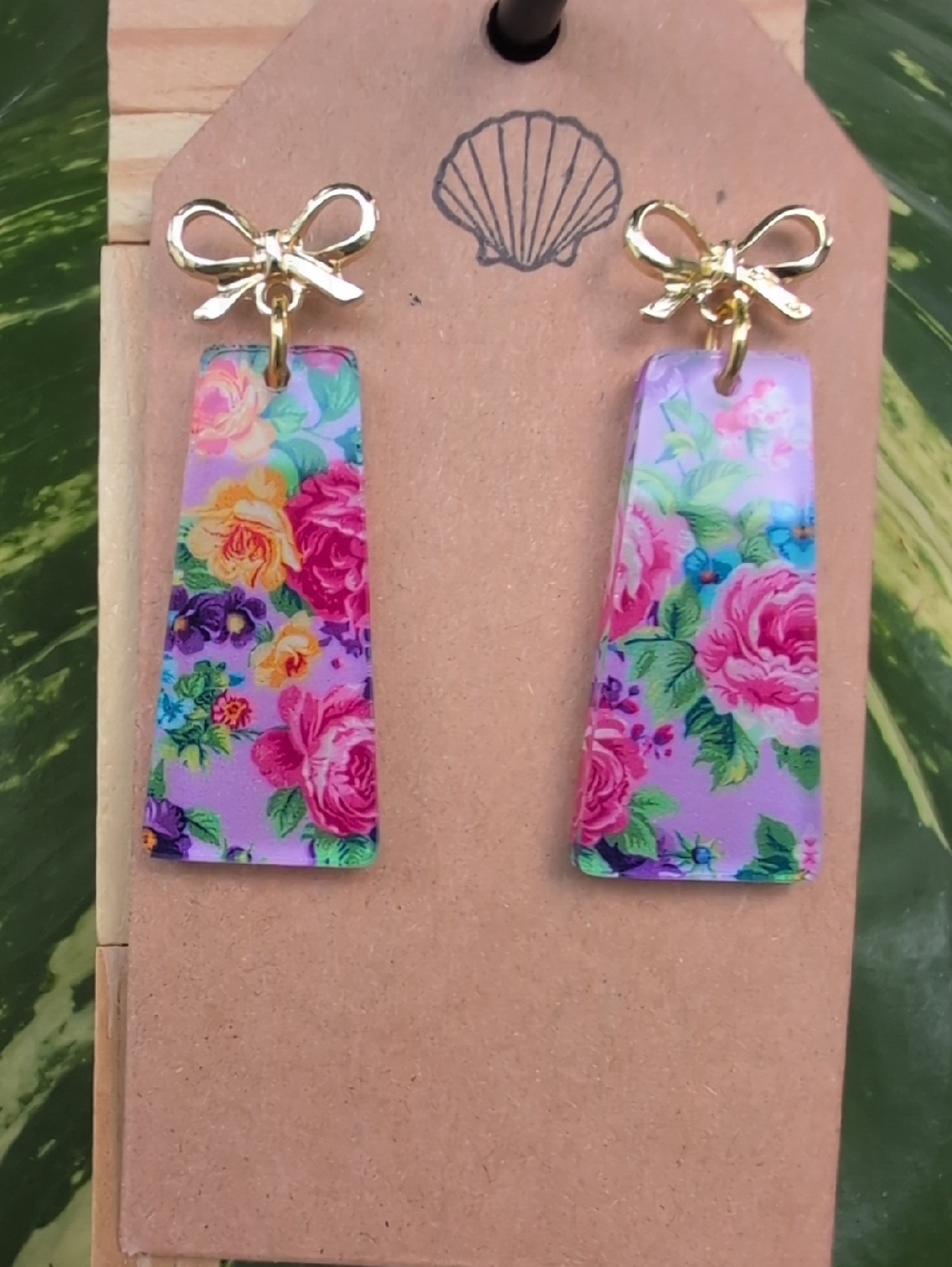 Gold Bow Lavender Floral Drop Earrings